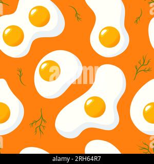 Breakfast, healthy food illustration, fried eggs on a bright orange background. Dill greens. Seamless pattern for wallpaper, printing on fabric, wrapp Stock Vector