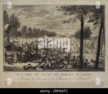 Peninsular War (1808-1814). The French murder the Spaniards at the Prado, ca.1811. Engraving on paper. By Alejandro Blanco y Assensio (1779-1848). History Museum, Madrid, Spain. Stock Photo