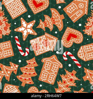 Gingerbread, decorated with icing, lie on a green knitted sweater. Christmas seamless pattern. Traditional cookies. Houses, candy cane, snowflakes and Stock Vector