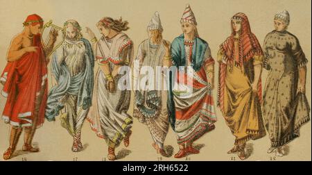 Etruscans. From left to right: 16- musician, 17 and 18- Etruscan dancer costumes, 19 and 20- Etruscan woman's cape, 21- Etruscan woman's cape with a sort of hood, 22- Etruscan woman's dress. Chromolithography. 'Historia Universal' by Cesar Cantu. Volume II, 1881. Stock Photo