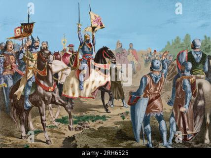 Alfonso VIII, king of Castile (1155-1214), celebrating the victory at the Batte of Las Navas de Tolosa, 1212, against the Almohad Muslim. Spain. Lithography. Museo Militar, 1883. Later colouration. Stock Photo