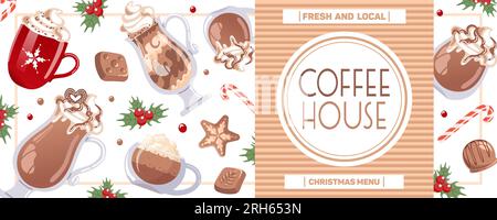 Winter Christmas drinks. Cappuccino, latte and mocha in a glass, whipped cream, chocolates, candy cane, holly. Horizontal banner for coffee shop, cafe Stock Vector