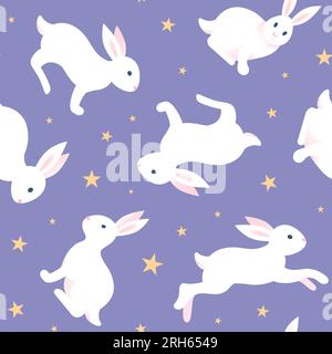 Rabbits, Chinese New Year 2023. Bright vector seamless pattern. Night in gentle pastel colors, purple starry sky. For wallpaper, printing on fabric, w Stock Vector