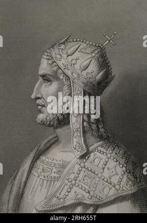 Justinian I the Great (482-565). Emperor of the Eastern Roman Empire. Portrait. Engraving. 'Historia Universal', by Cesar Cantu. Volume VIII. 1858. Stock Photo