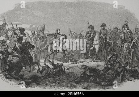 Battle of Austerlitz or Battle of the Three Emperors (2nd December 1805). Part of War of the Third Coalition (Napoleonic Wars). The French army of Napoleon I defeated the Russo-Austrian forces of Tsar Alexander I and the Austrian Emperor Francis I. Engraving by T. Williams aftter Francois Gerard. 'Los Heroes y las Grandezas de la Tierra'. Tomo VI. 1856. Stock Photo