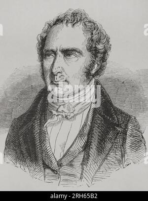 Francois Arago (1786-1853). French physicist and astronomer. After the revolution of 1848, he was Minister of War and Minister of the Navy in the Provisional Government of the French Second Republic. Portrait. Engraving. 'Los Heroes y las Grandezas de la Tierra' (The Heroes and the Grandeurs of the Earth). Volume VI. 1856. Stock Photo