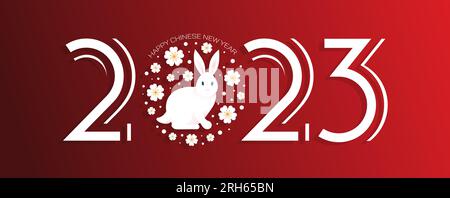 Rabbits, happy Chinese New Year 2023. Bright vector banner. Sakura flowers, red background. Asian style. Vintage font. for poster, banner, flyer adver Stock Vector