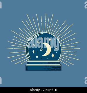 Shining magic crystal or glass ball with stars and moon, orbuculum, fortune-telling object. Vintage, boho style. witchcraft, astrology, mysticism. For Stock Vector