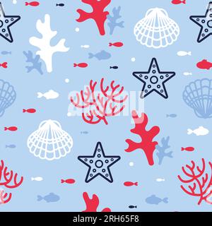 Summer marine seamless pattern with corals, starfish, algae, shells and fish. Red and blue colors. ocean dwellers. Flat style. For wallpaper, printing Stock Vector