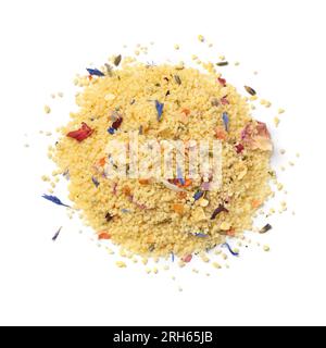 Heap of Couscous with dried flowers isolated on white background close up Stock Photo