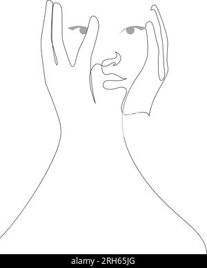 Continuous one line drawing of shocked young woman covering her face with hands. Vector illustration Stock Vector