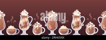 Horizontal border with different types of coffee. Cappuccino, latte, glass and mocha. Hot chocolate in a glass, whipped cream, realistic style. Vector Stock Vector