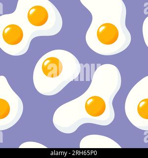 Breakfast, healthy food illustration, fried eggs on a bright purple background. Seamless pattern for wallpaper, printing on fabric, wrapping, backgrou Stock Vector