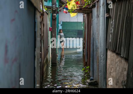 A young Thai woman stands in floodwater, down a poverty-stricken alley, from the overflowing Pak Kret Canal, Bangkok, Thailand. © Kraig Lieb Stock Photo