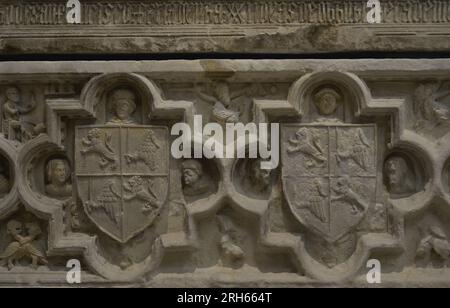 Tomb of King Ferdinand I of Portugal (1345-1383). Limestone. Detail of the Manuels' sculpted heraldic coats of arms, ca. 1382. From the Convent of Sao Francisco (Santarem, Portugal). Carmo Archaeological Museum. Lisbon, Portugal. Stock Photo