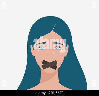 Crying young woman with taped mouth. Flat vector illustration Stock Vector