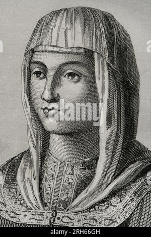 Joanna of Castile (known as Joanna the Mad) (1479-1555). Queen of Castile (1504-1555) and Aragon (from 1516), daughter of the Catholic Monarchs. Wife of Philip the Handsome. Portrait, detail. Engraving by Antonio Roca Sallent. Las Glorias Nacionales, 1853. Stock Photo