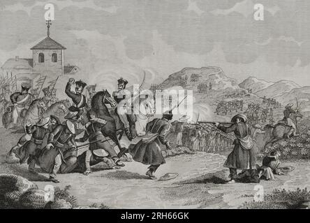 Spain. First Carlist War (1833-1840). Civil war that confronted Carlists, supporters of the Infante Carlos Maria Isidro de Borbon, against the Isabelinos (Elizabethans), defenders of Isabel II and the regent Maria Cristina de Borbon. Skirmish at Hernani. Illustration by Zarza. Engraving by Pedro Celestino Mare. Panorama Espanol, Cronica Contemporanea. Madrid, 1842. Stock Photo