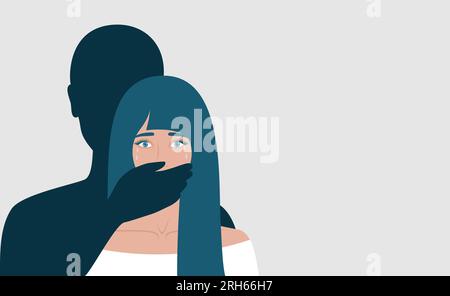 Dark male silhouette covering with his hand the mouth of a scared crying woman, copy space. Flat vector illustration Stock Vector