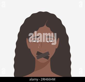 Crying black woman with taped mouth. Flat vector illustration Stock Vector