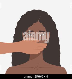 Male hand covering the mouth of a scared black woman. Flat vector illustration Stock Vector