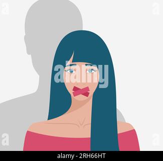 Crying white woman with taped mouth and male shadow behind. Flat vector illustration Stock Vector