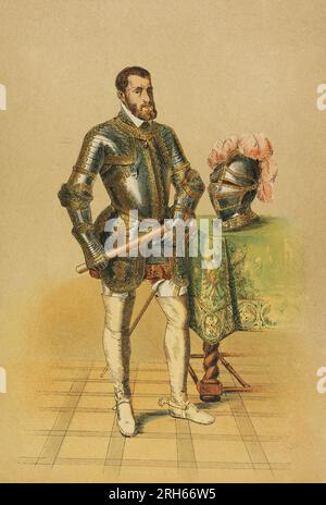 Charles V (1500-1558). Holy Roman Emperor and Archduke of Austria (1519-1556), king of Spain (1516-1556) and Lord of the Netherlands as titular Duke of Burgundy (1506-1555). Portrait. Chromolithography. 'Historia Universal' (Universal History), by Cesar Cantu. Volume VII. Published in Barcelona, 1886. Stock Photo