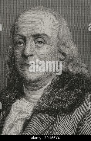 Benjamin Franklin (1706-1790). American scientist, inventor and politician. In 1776 he wrote, with Jefferson and John Adams, the Declaration of Independence of the United States of America. Portrait. Engraving by Geoffroy. 'Historia Universal', by Cesar Cantu. Volume VI. 1857. Stock Photo