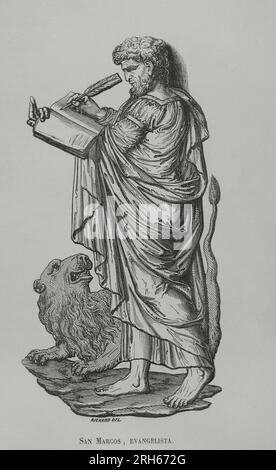 Saint Mark the Evangelist. Engraving. 'Los Heroes y las Grandezas de la Tierra'. Volume I. 1854. Stock Photo