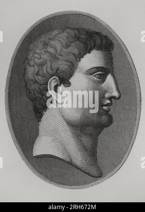Mark Anthony (Marcus Antonius) (83-30 BC). Roman general and politician of the Republic period. Portrait. Engraving. 'Los Heroes y las Grandezas de la Tierra'. Volume I. 1854. Stock Photo
