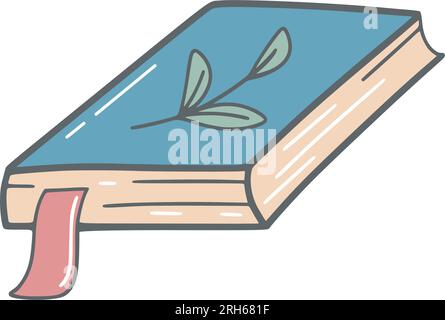 Closed book with bookmark doodle sketch style. Cute book with botanical decor. Simple hand drawn notepad with twig, isolated vector illustration Stock Vector