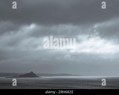 Dramatic Black and White Landscape, of Saint Michael's Mount, Maraizon, Penzance, Cornwall, England, UK, GB. Stock Photo