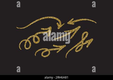 Set of hand drawn glitter gold arrows. Stock Vector