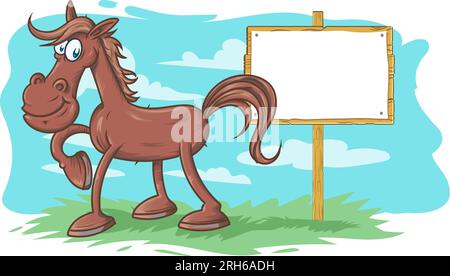 Galloping Cartoon Horse with background and signboard. vector illustration Stock Vector