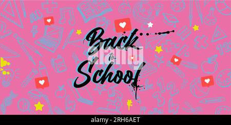 Back to School on pink Background Banner with icon elements. vector illustration Stock Vector