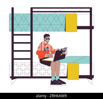 Black student sitting on bunkbed with laptop flat line color vector character Stock Vector