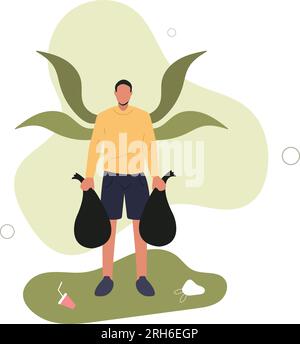collecting litter picking plastic waste raking garbage, eco voluntary activist..flat vector illustration.man with trash bags.. Stock Vector