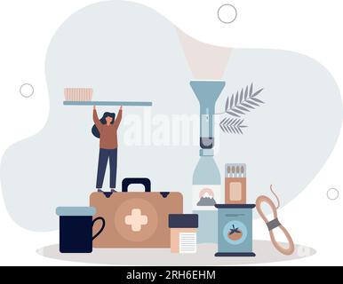 Emergency crisis preparedness with basic essential items.Escape and evacuation kit with survival elements.flat vector illustration. Stock Vector