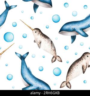 Watercolor seamless pattern with blue whales and narwhal isolated on white background. Hand painting realistic Arctic and Antarctic ocean mammals. For Stock Photo