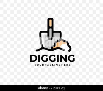 Digging, shovel, ground, land work and agriculture, colored graphic design. Garden, gardening, nature, farm, vegetable garden and beds, vector design Stock Vector