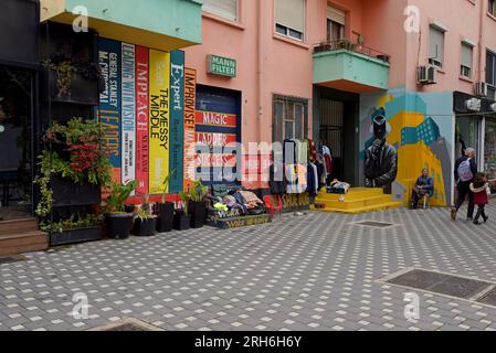 Colourful mural of books outside a secondhand shop in Tirana, Albania Stock Photo