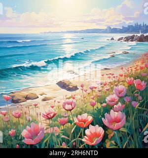 Watercolor Sea view landscape with flowers Stock Vector