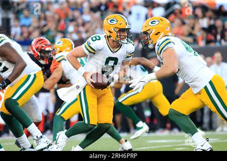 Cincinnati, USA. 11th Aug, 2023. August 11, 2023: Romeo Doubs (87) of the Green  Bay Packers goes high to catch the ball for a touchdown during the NFL  preseason game between the