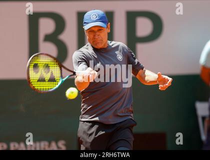 Swedish tennis legend Mats Wilander in action at the French Open 2023 tennis tournament at Roland Garros, Paris,France,Europe. Stock Photo