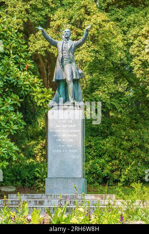 Named in his honour, Lord Stanley opened Stanley Park in Vancouver October 1889.  The statue located in the park was unveiled in 1960 with the plinth Stock Photo