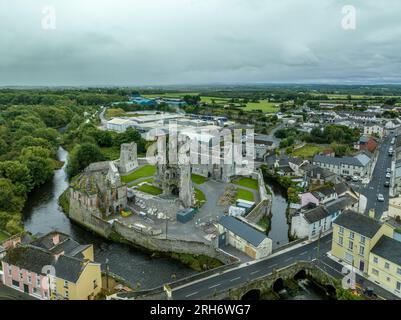 Aerial view of the Desmond castle in Askeaton Ireland in County Limerick on the river Deel, with Gothic Banqueting Hall, finest medieval secular build Stock Photo