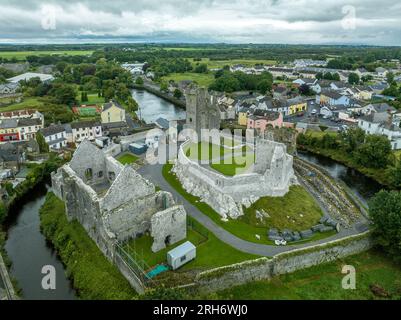 Aerial view of the Desmond castle in Askeaton Ireland in County Limerick on the river Deel, with Gothic Banqueting Hall, finest medieval secular build Stock Photo