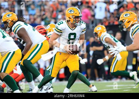 Cincinnati, USA. 11th Aug, 2023. August 11, 2023: Romeo Doubs (87) of the Green  Bay Packers goes high to catch the ball for a touchdown during the NFL  preseason game between the