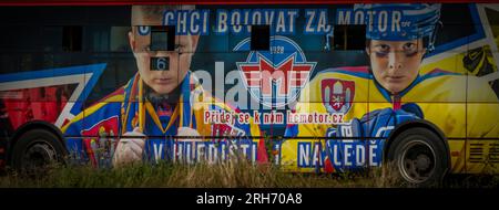 Advertising on city bus of hockey in summer city of Budweis CZ 07 31 2023 Stock Photo