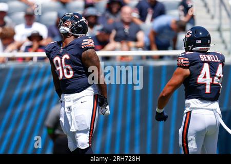 Chicago Bears defensive tackle Zacch Pickens looks the scoreboard during an NFL  preseason football game against the Tennessee Titans Saturday, August 12,  2023, in Chicago. (AP Photo/Charles Rex Arbogast Stock Photo - Alamy